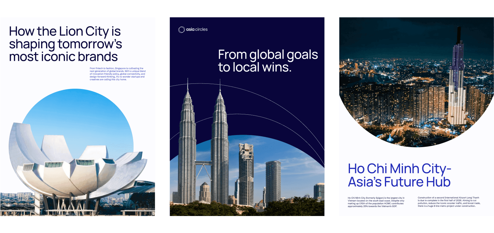 a set of posters showcasing the circular frame motif. might include photos of kuala lumpur, singapore and ho chi minh city